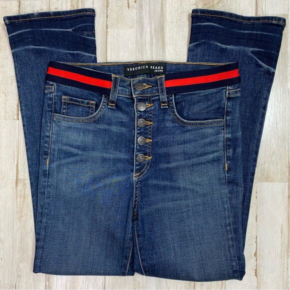 Veronica Beard Carolyn 10" Baby Boot Womens Size 26" Blue Tidal Tuxedo Waistband - Picture 2 of 16